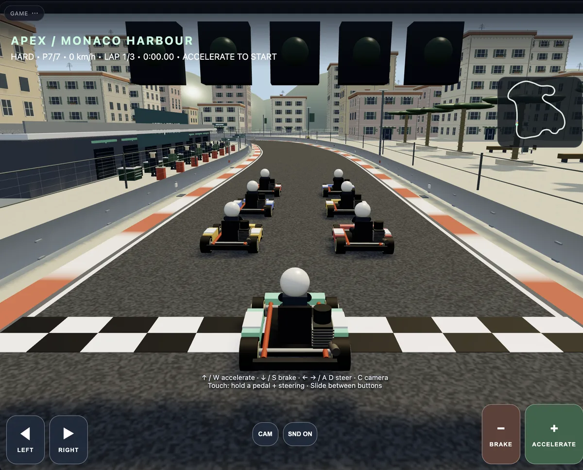 Apex Kart, a 3D kart racing game on the Create canvas: karts lined up on a start grid in a harbour-side street circuit, with Left, Right, Brake and Accelerate touch buttons.