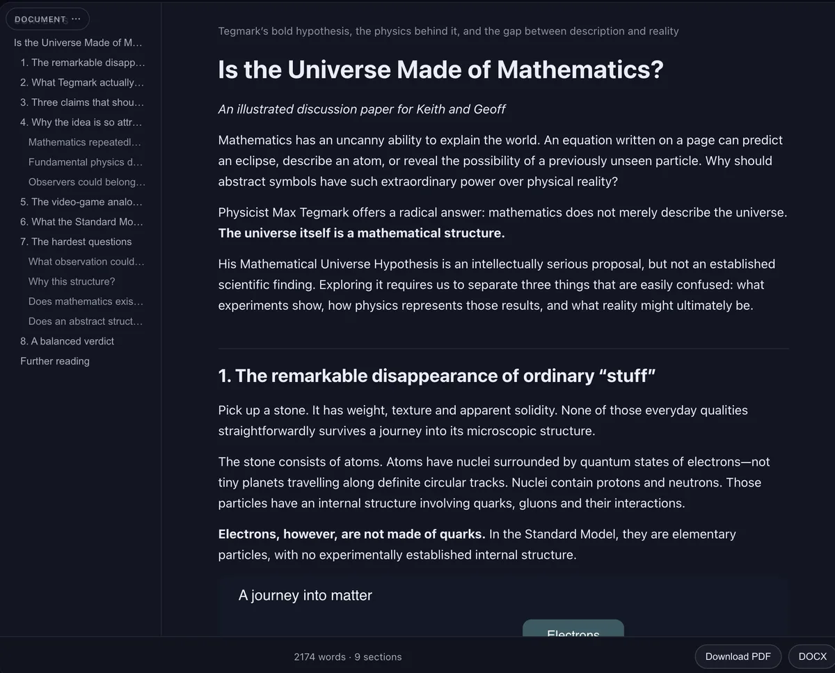 A document on the Create canvas titled Is the Universe Made of Mathematics?, with a contents pane on the left and Download PDF and DOCX buttons.