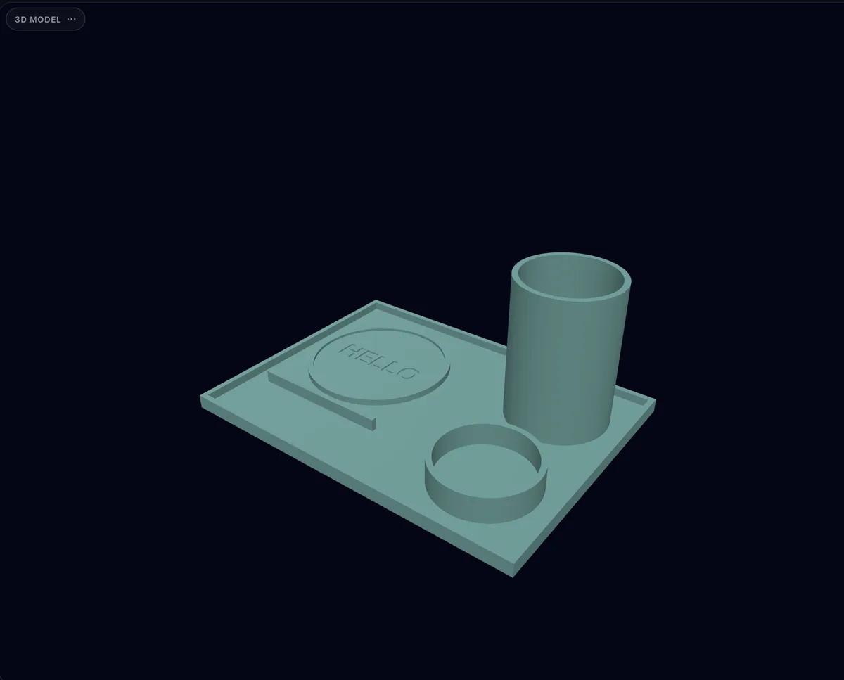 A 3D model on the Create canvas: a round mint-green coaster with the word HELLO embossed on top.