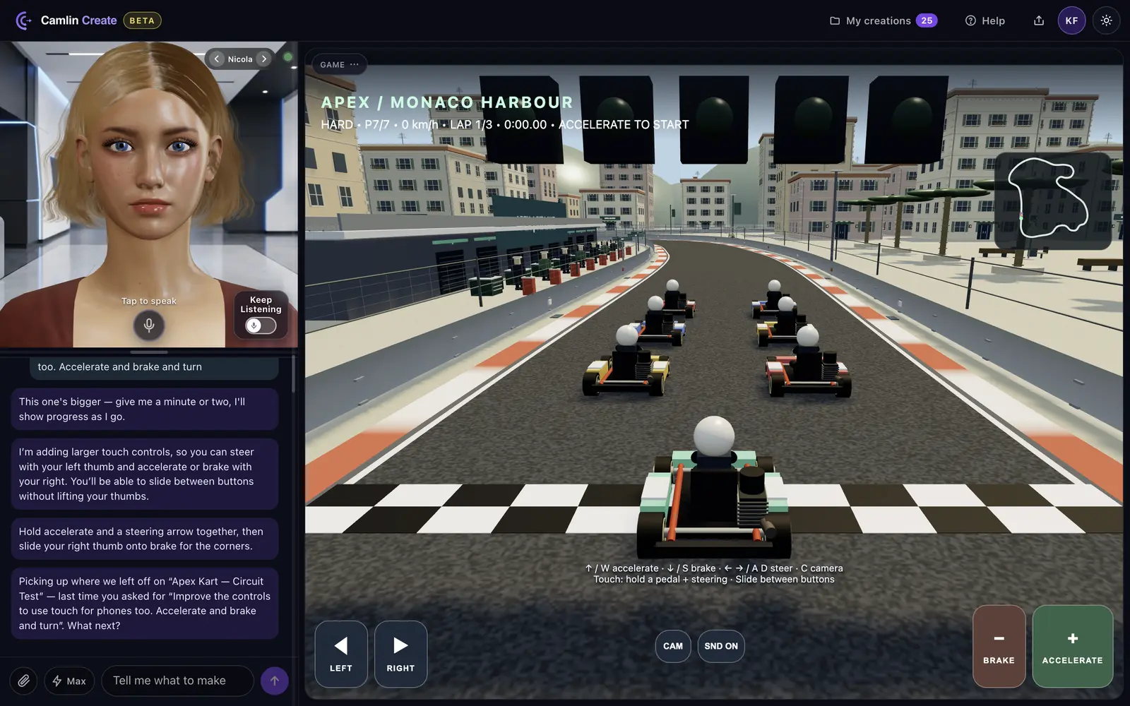 Camlin Create in the browser: the avatar Nicola on the left with the conversation, and on the canvas a 3D kart racing game, Apex Kart, on the start grid of a harbour circuit.