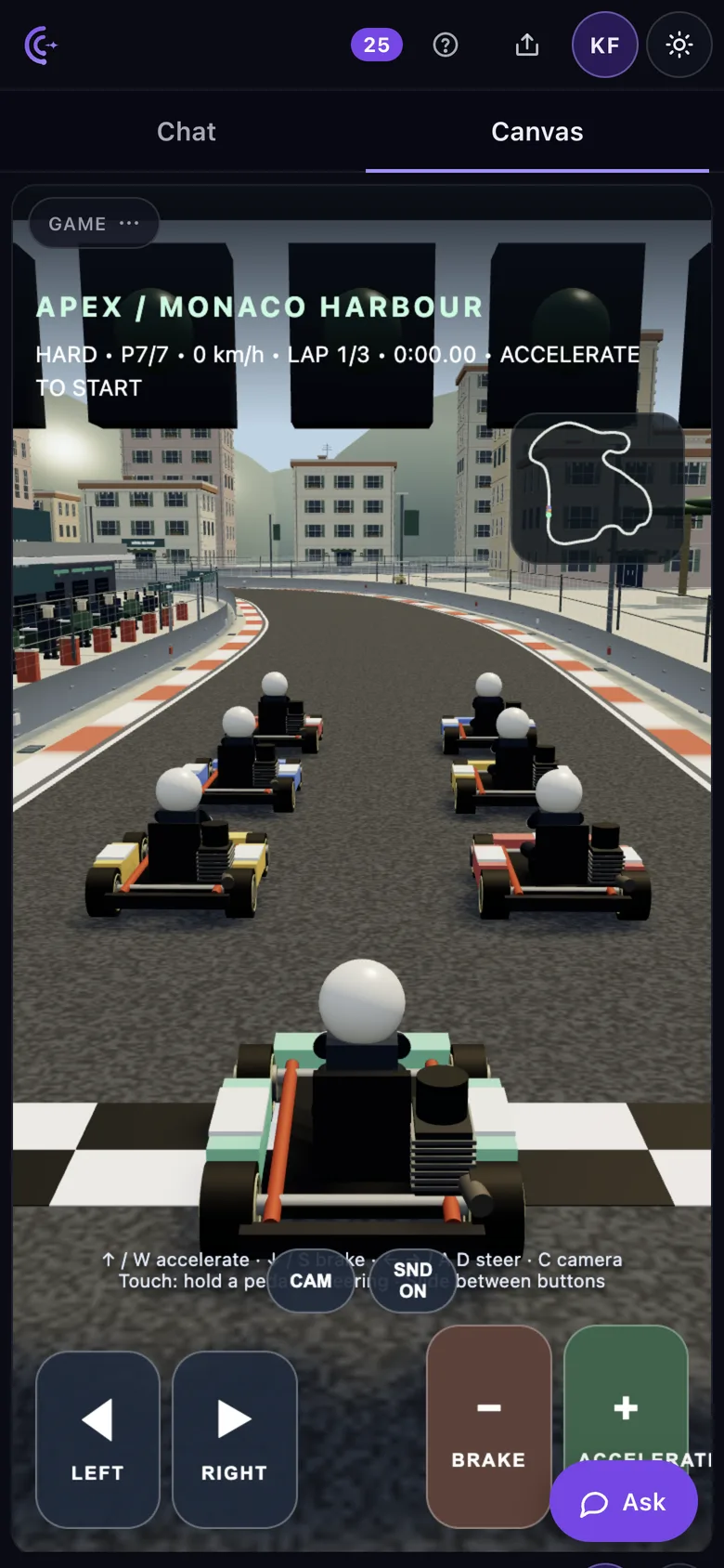 Camlin Create on a phone, Canvas tab: the Apex Kart racing game on its start grid with Left, Right, Brake and Accelerate touch buttons.