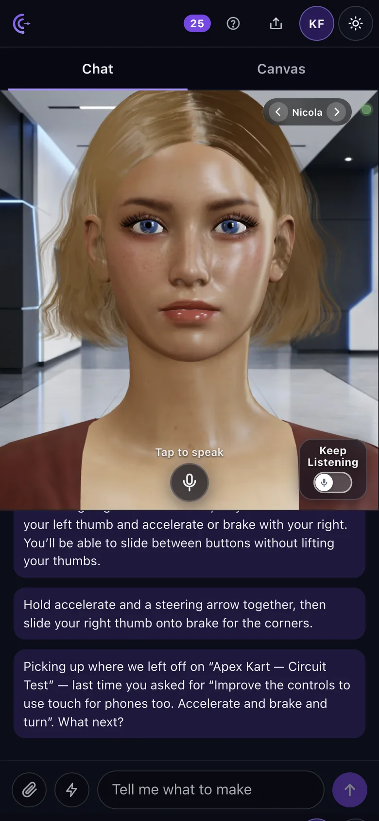 Camlin Create on a phone, Chat tab: the avatar Nicola fills the screen above the conversation and the composer.
