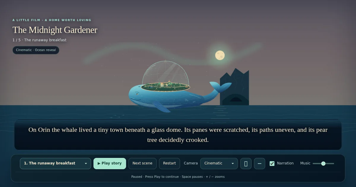 The Midnight Gardener: an illustrated night scene of a tiny town under a glass dome on the back of a blue whale, a moon above, with Play story, Next scene and narration controls.